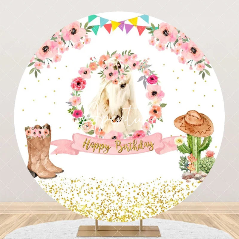 Aperturee - Rustic Cowboy Horse Flower Round Birthday Backdrop