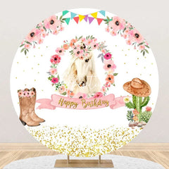 Aperturee - Rustic Cowboy Horse Flower Round Birthday Backdrop