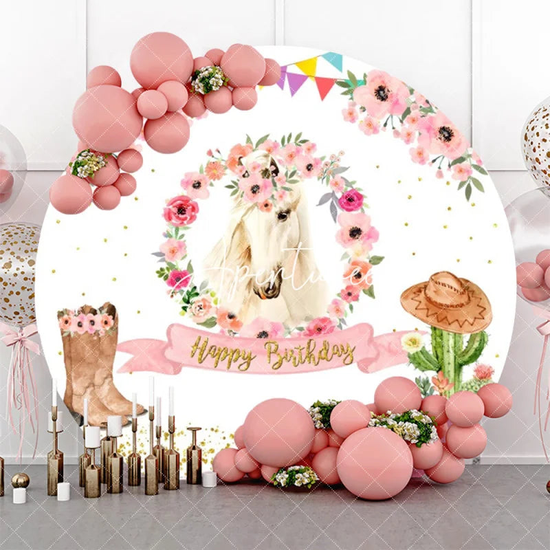 Aperturee - Rustic Cowboy Horse Flower Round Birthday Backdrop