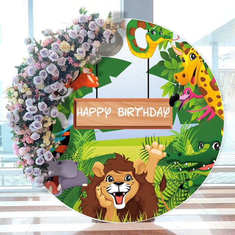 Aperturee - Safari And Green Plants Round Happy Birthday Backdrop