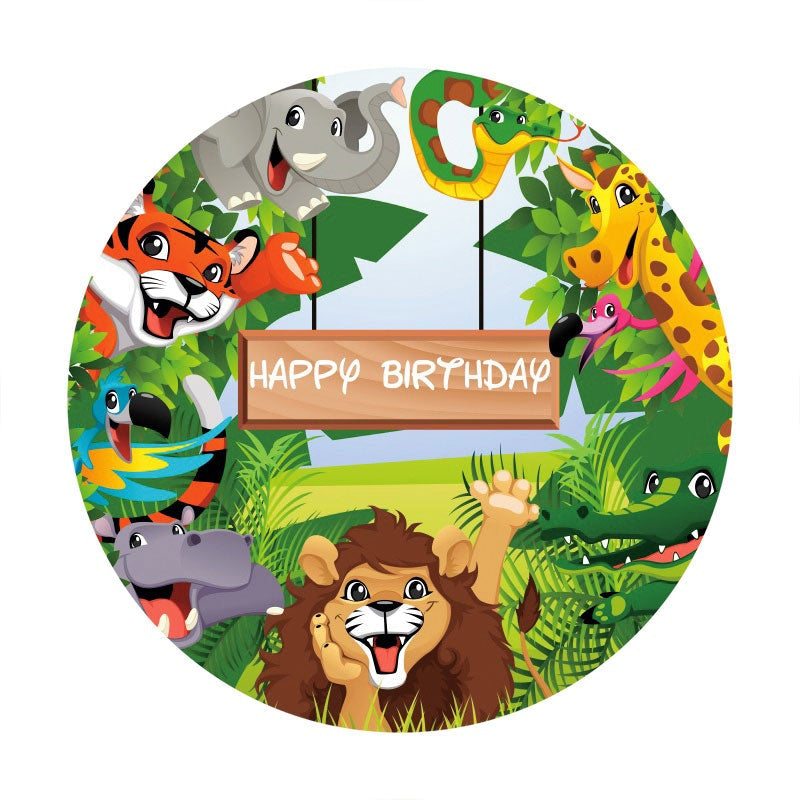 Aperturee - Safari And Green Plants Round Happy Birthday Backdrop