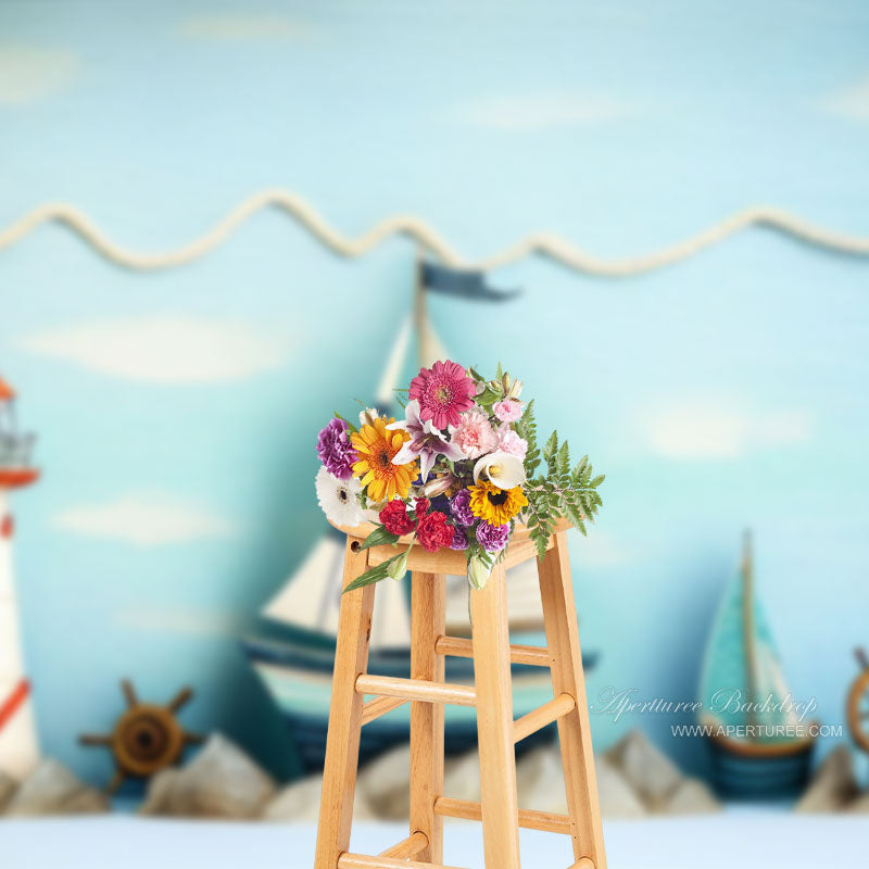 Aperturee - Sailboat Lighthouse Decor Blue Photo Birthday Backdrop