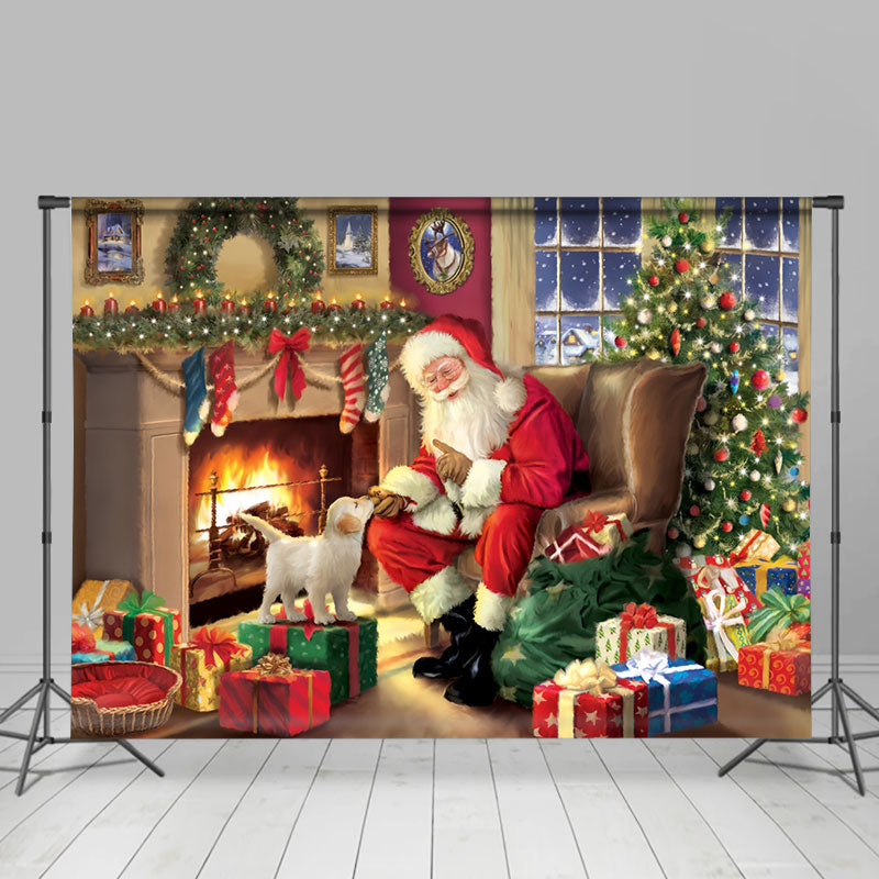 Aperturee - Santa And Puppy Fireplace Gift Christmas Backdrop
