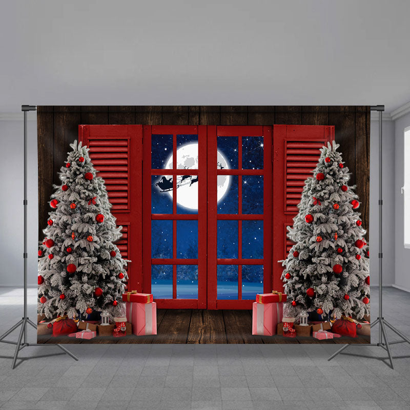 Aperturee - Santa Claus Over The Moon Red Christmas Backdrop