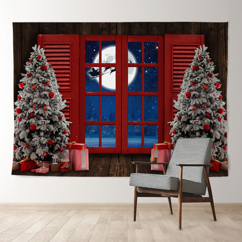 Aperturee - Santa Claus Over The Moon Red Christmas Backdrop