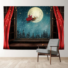 Aperturee - Santa Sled Red Curtain Moon Eve Christmas Backdrop