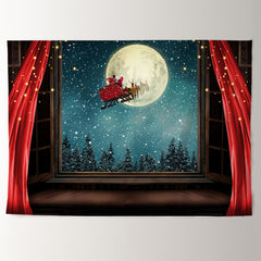 Aperturee - Santa Sled Red Curtain Moon Eve Christmas Backdrop