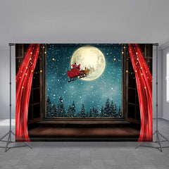 Aperturee - Santa Sled Red Curtain Moon Eve Christmas Backdrop