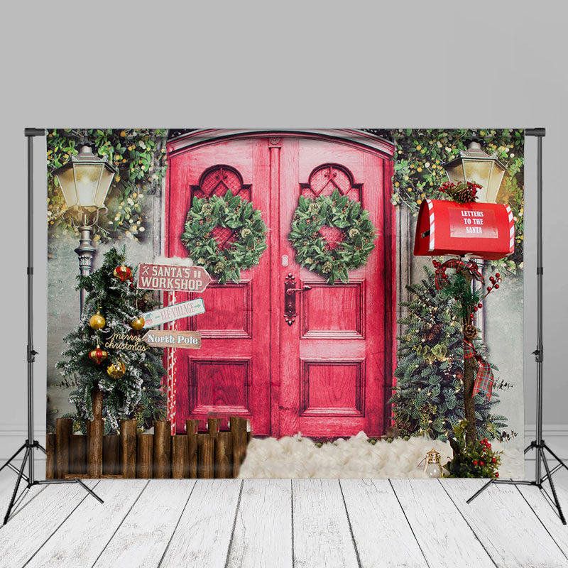 Aperturee - Santas Workshop Red Door Christmas Backdrop For Portrait