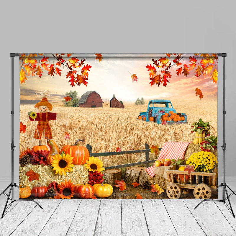 Aperturee - Scarecrow Maples Pumpkins Wheat Harvest Autumn Backdrop