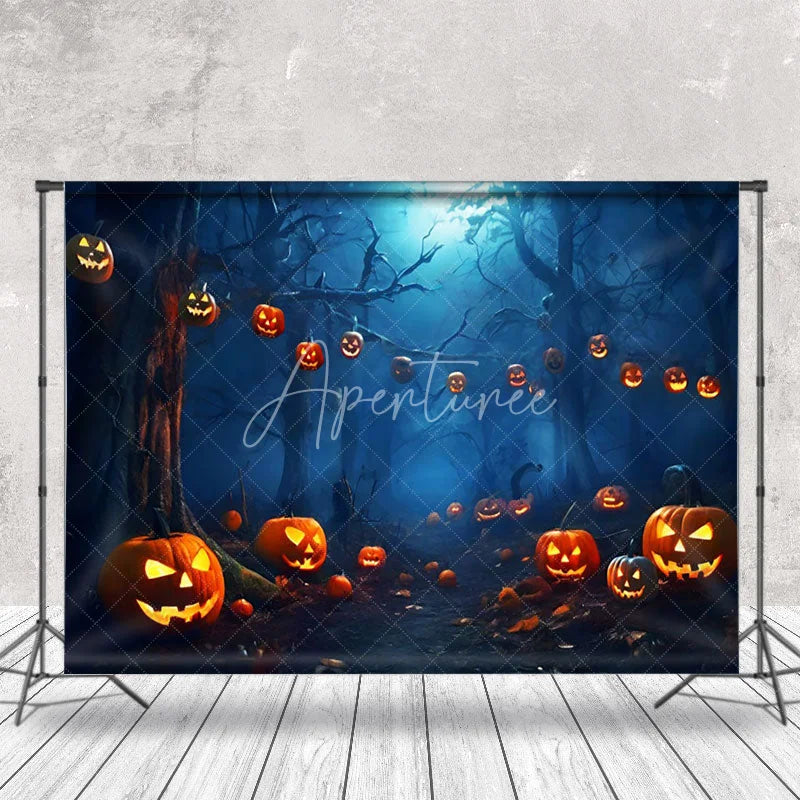 Aperturee - Scary Pumpkin Lantern Forest Halloween Backdrop