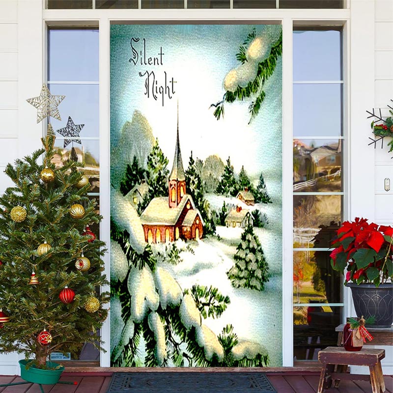 Aperturee - Silent Night Snowy House Tree Christmas Door Cover