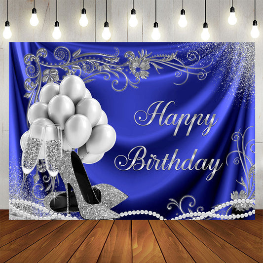 Aperturee - Silver Balloon and Heels Blue Happy Birthday Backdrop