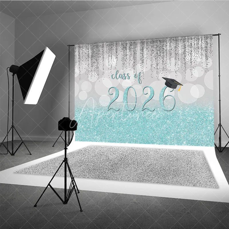 Aperturee - Silver Blue Glitter Class Of 2026 Grad Photo Backdrop