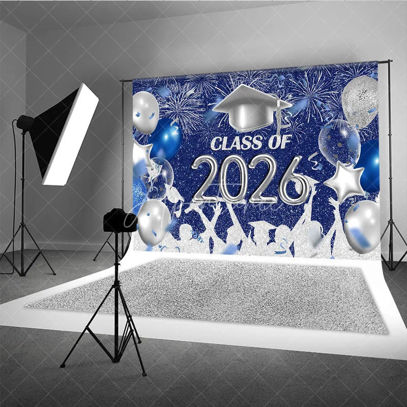 Aperturee - Silver Blue Sparkle Balloon Graduation Backdrop