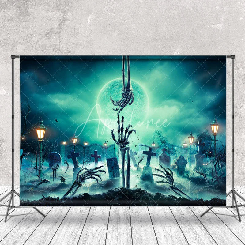 Aperturee - Skeleton Holding Hands Spooky Night Halloween Backdrop