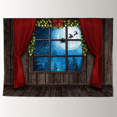 Aperturee - Sled In Moon Red Curtain Wood Christmas Backdrop