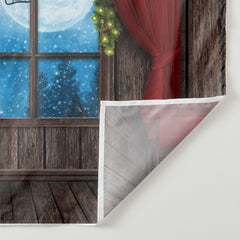 Aperturee - Sled In Moon Red Curtain Wood Christmas Backdrop