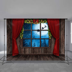 Aperturee - Sled In Moon Red Curtain Wood Christmas Backdrop