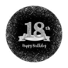 Aperturee - Sliver And Black Round 18th Happy Birthday Backdrop