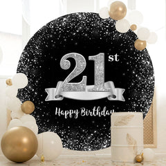 Aperturee - Sliver And Black Round 21st Happy Birthday Backdrop