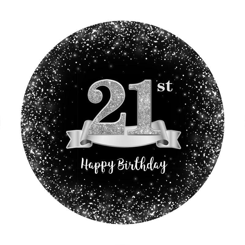 Aperturee - Sliver And Black Round 21st Happy Birthday Backdrop