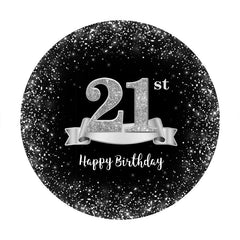 Aperturee - Sliver And Black Round 21st Happy Birthday Backdrop