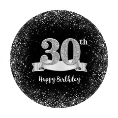 Aperturee - Sliver And Black Round 30th Happy Birthday Backdrop