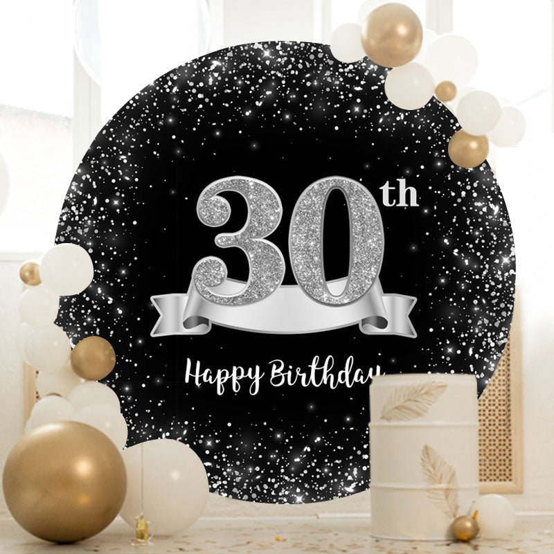 Aperturee - Sliver And Black Round 30th Happy Birthday Backdrop