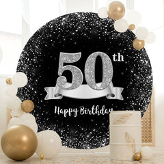 Aperturee - Sliver And Black Round 50th Happy Birthday Backdrop