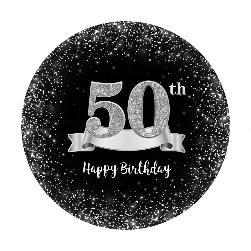 Aperturee - Sliver And Black Round 50th Happy Birthday Backdrop