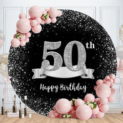 Aperturee - Sliver And Black Round 50th Happy Birthday Backdrop