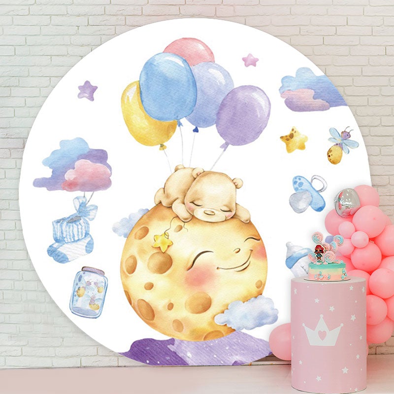 Aperturee - Smiley Moon And Bear Round Baby Shower Backdrop