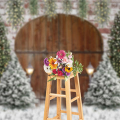 Aperturee - Snow Pine Tree Wooden Door Light Christmas Backdrop