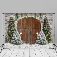 Aperturee - Snow Pine Tree Wooden Door Light Christmas Backdrop