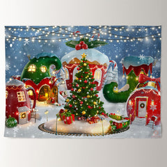 Aperturee - Snow Red Green House Tree Light Christmas Backdrop