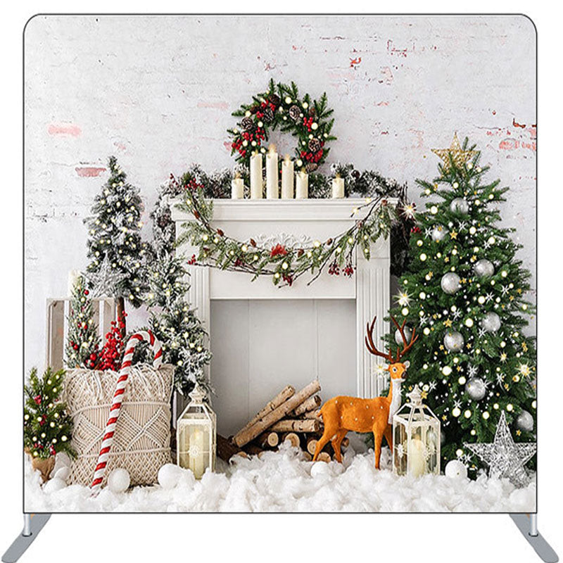 Aperturee - Snow Tree Elk Brick Fireplace Christmas Backdrop