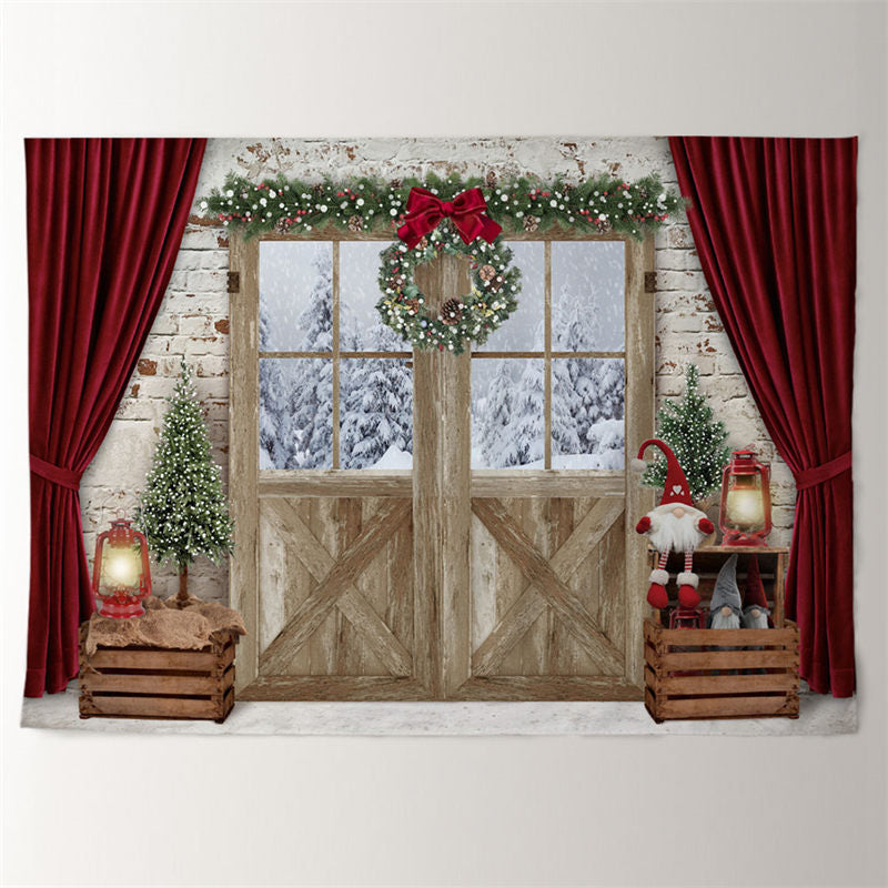 Aperturee - Snowin Out Wood Red Curtain Brick Xmas Backdrop