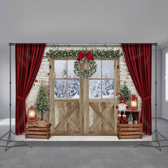 Aperturee - Snowin Out Wood Red Curtain Brick Xmas Backdrop