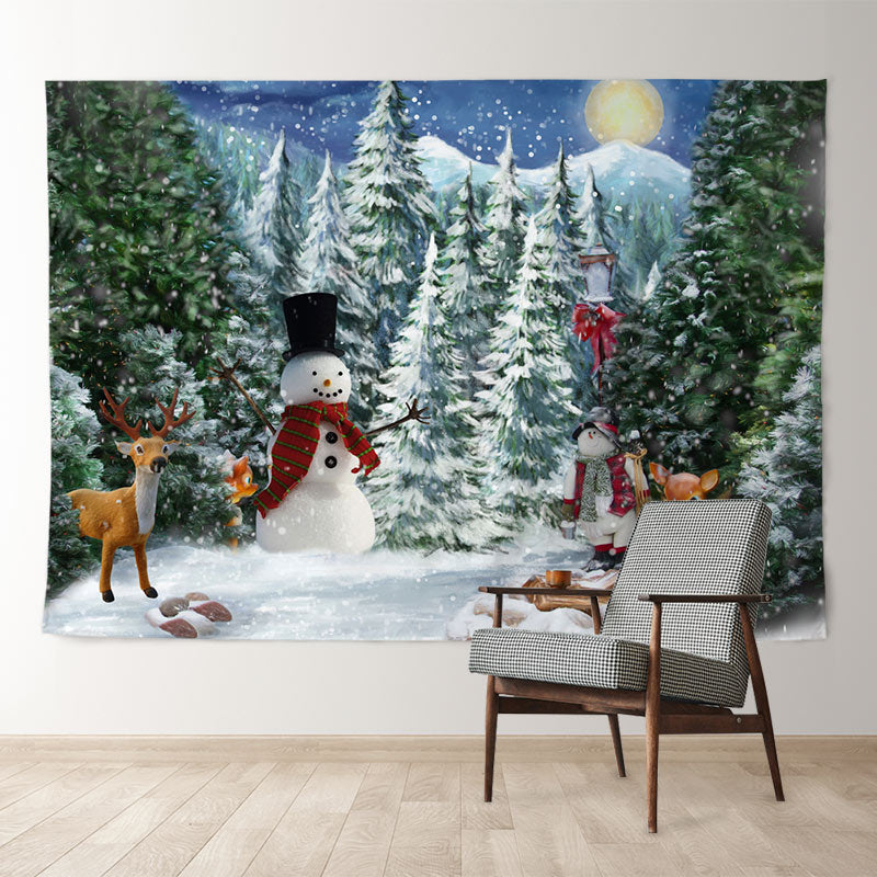 Aperturee - Snowman In Wild Deer Moon Night Christmas Backdrop