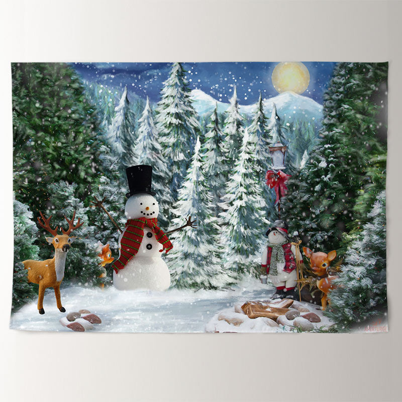 Aperturee - Snowman In Wild Deer Moon Night Christmas Backdrop