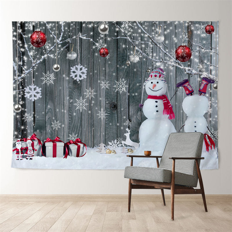 Aperturee - Snowman Red Silver Ball Wooden Christmas Backdrop