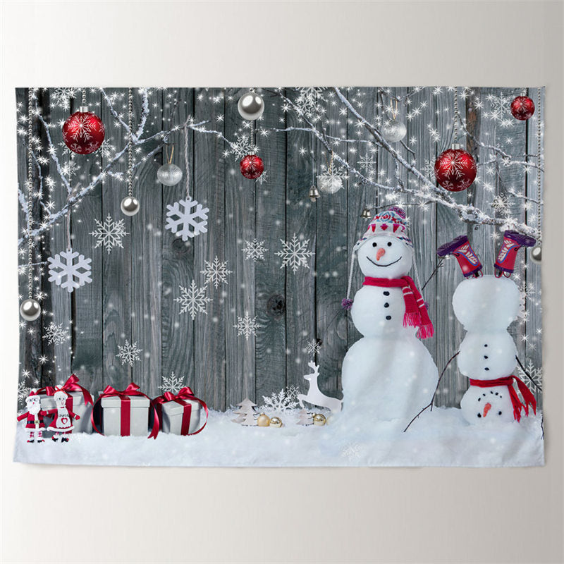 Aperturee - Snowman Red Silver Ball Wooden Christmas Backdrop