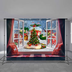 Aperturee - Snowy Cabin Candy Out Window Christmas Backdrop
