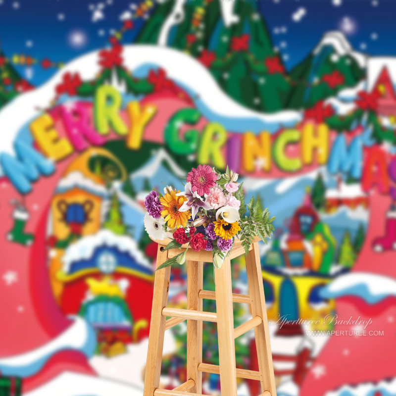 Aperturee - Snowy Candy House Whoville Merry Christmas Backdrop