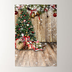 Aperturee - Snowy Christmas Tree With Gift Wooden Party Backdrop