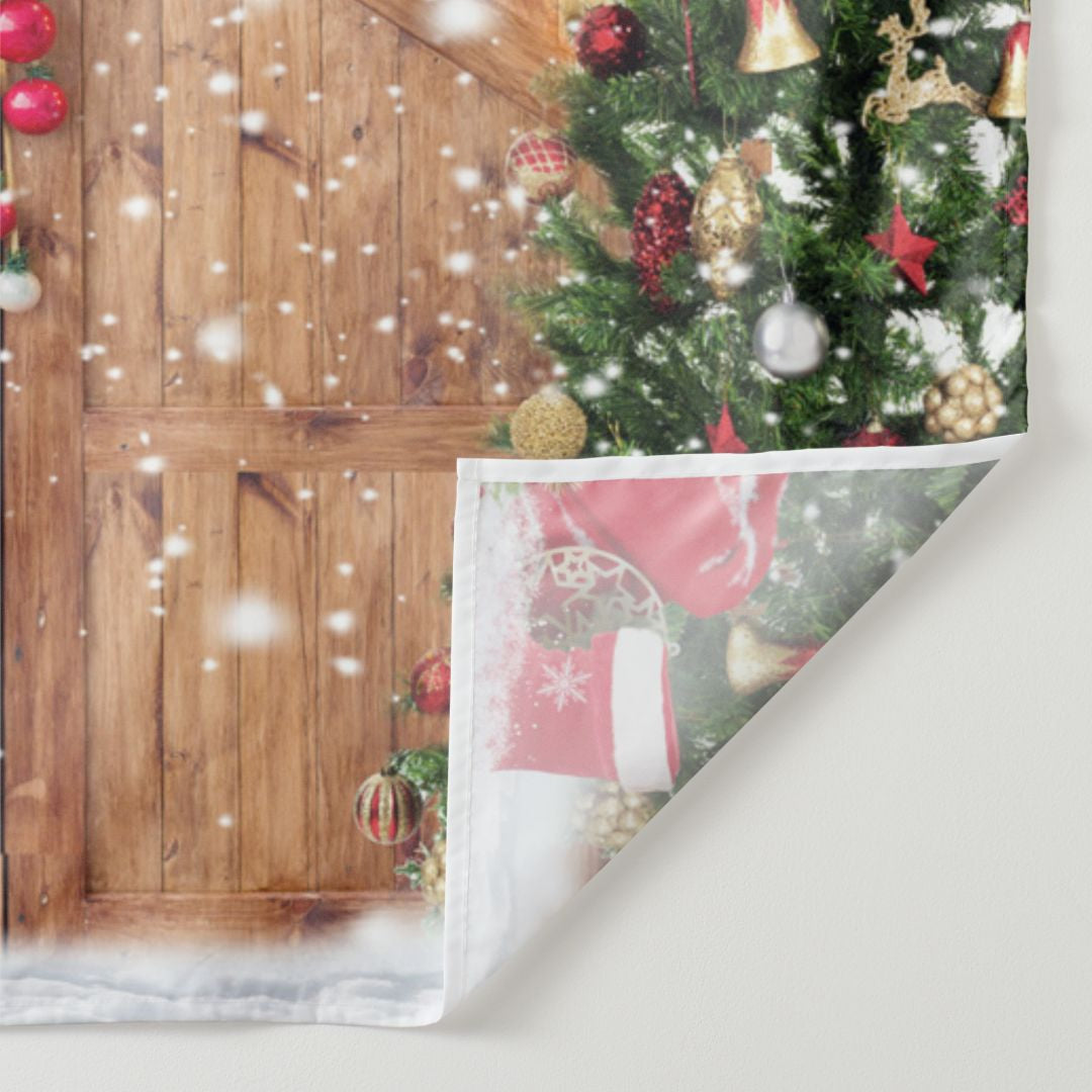 Aperturee - Snowy Glitter Door With Christmas Tree Backdrop