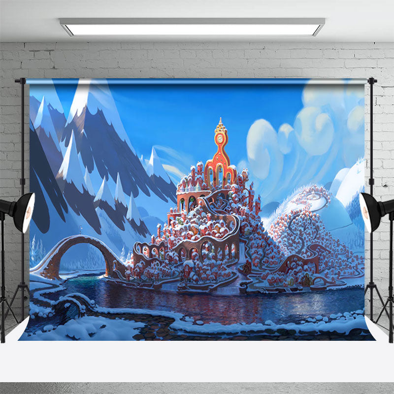 Aperturee - Snowy Mountain River Red Castle Christmas Backdrop