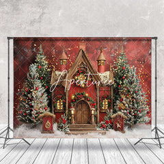 Aperturee - Snowy Red Brown House Trees Christmas Photo Backdrop