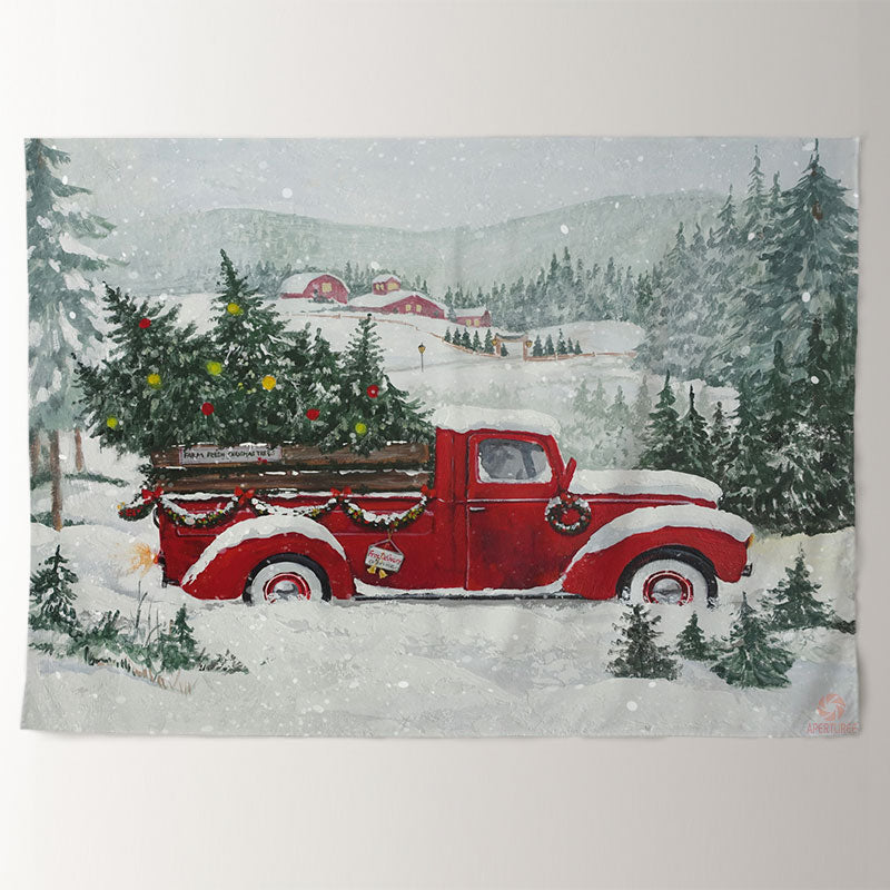 Aperturee - Snowy Red Truck In Village Christmas Backdrop